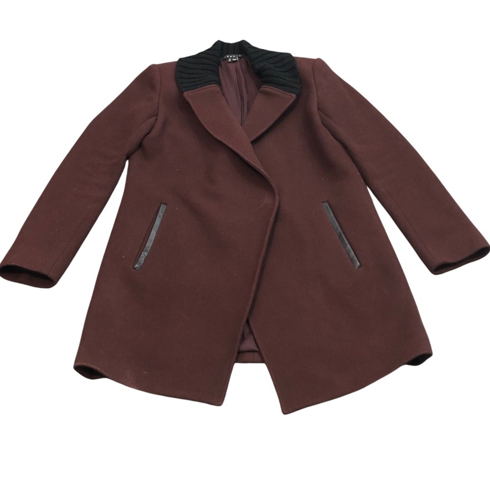 Theory Wool Blend Coat Womens‎ Medium Burgundy Ribbed Knit Collar Pea Coat